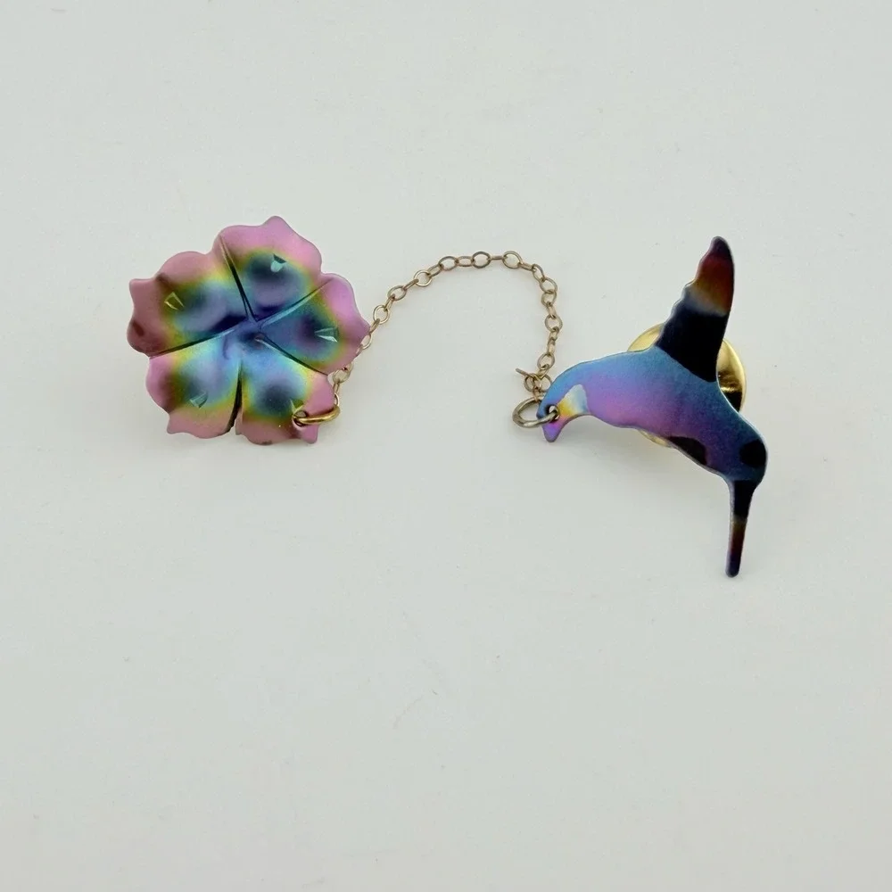 Hummingbird Flower Collar‎ Pin Multicolor Excellent Iridescent Chain